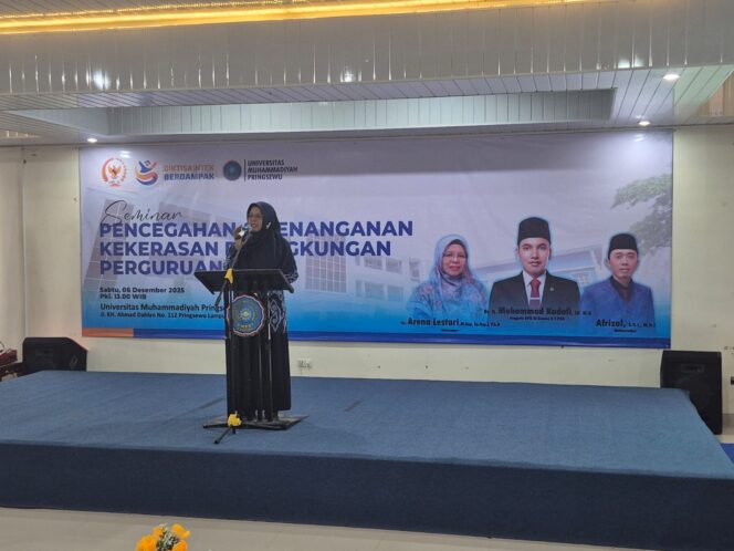 
					Rektor UMPRI Arena Lestari narasumber seminar pencegahan dan penanganan kekerasan di lingkungan perguruan tinggi, Sabtu 06 Desember 2025.